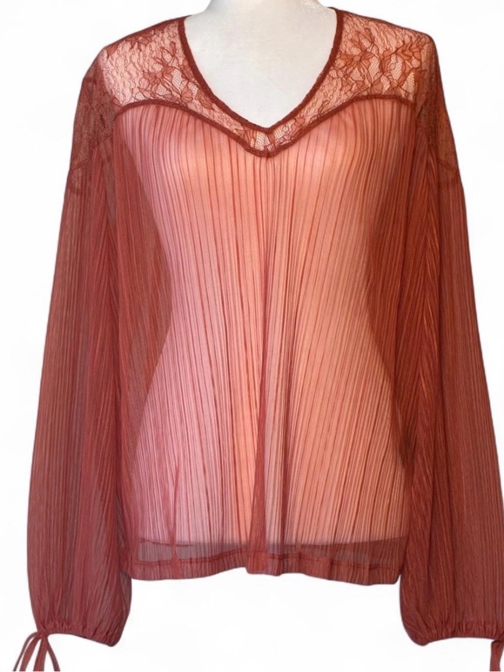 Zara boho sheer rust/burnt orange blouse with lace detail size M NWOT